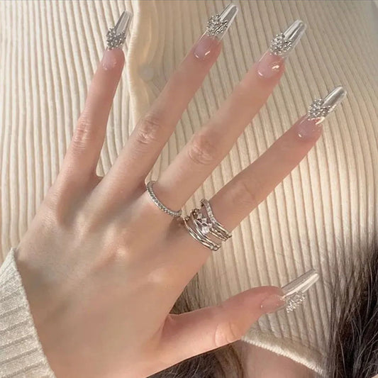 Elegant Soir≈Ωe Extra Long Coffin Beige Press On Nails with Sparkling Rhinestone Accents