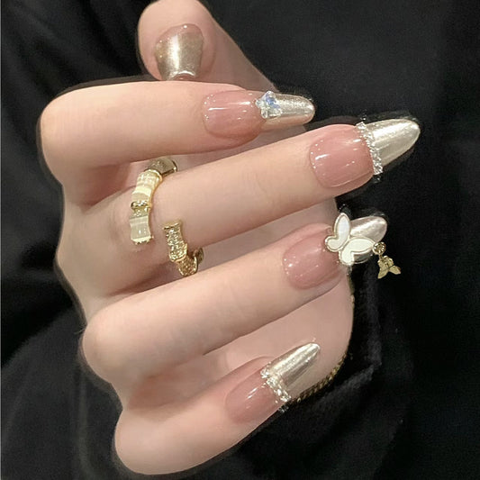 Butterfly Dreams Long Almond Shaped Glittering Beige Press On Nail Set with Charming Butterfly and Gem Accents