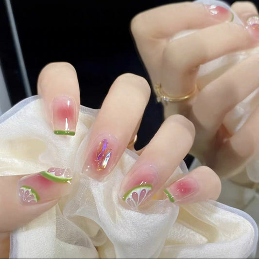 Garden Blossom Long Coffin Multicolor Ombre Press On Nail Set with Floral Accents and Gemstone Embellishments