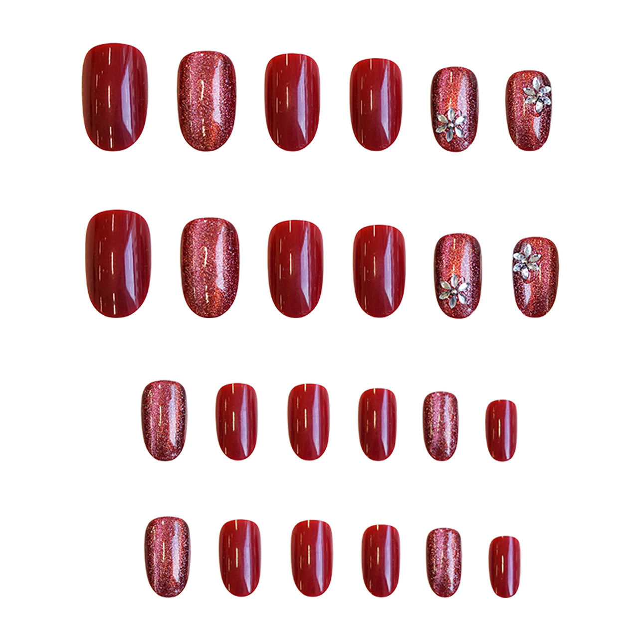 Glamorous Elegance Short Oval Red with Sparkling Glitter and Floral Accents Press on Nail Set