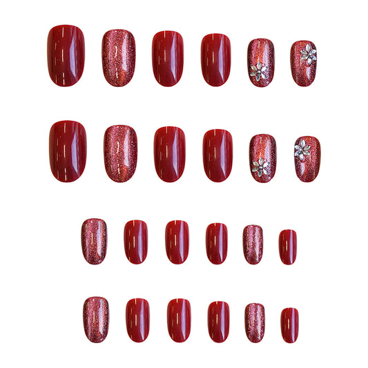 Glamorous Elegance Short Oval Red with Sparkling Glitter and Floral Accents Press on Nail Set