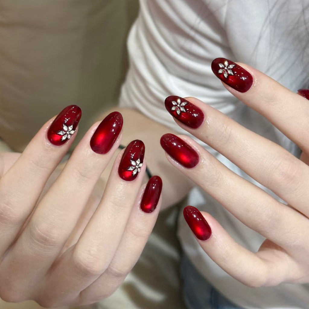 Glamorous Ruby Short Oval Press On Nail Set with Dazzling Floral Accents