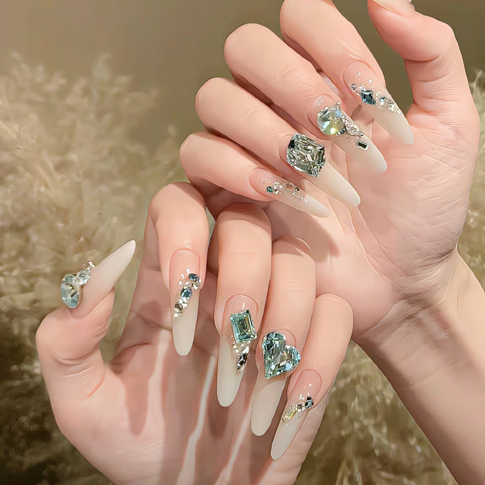 Glamorous Ice Princess Long Almond White Press On Nail Set with Stunning Gem Embellishments
