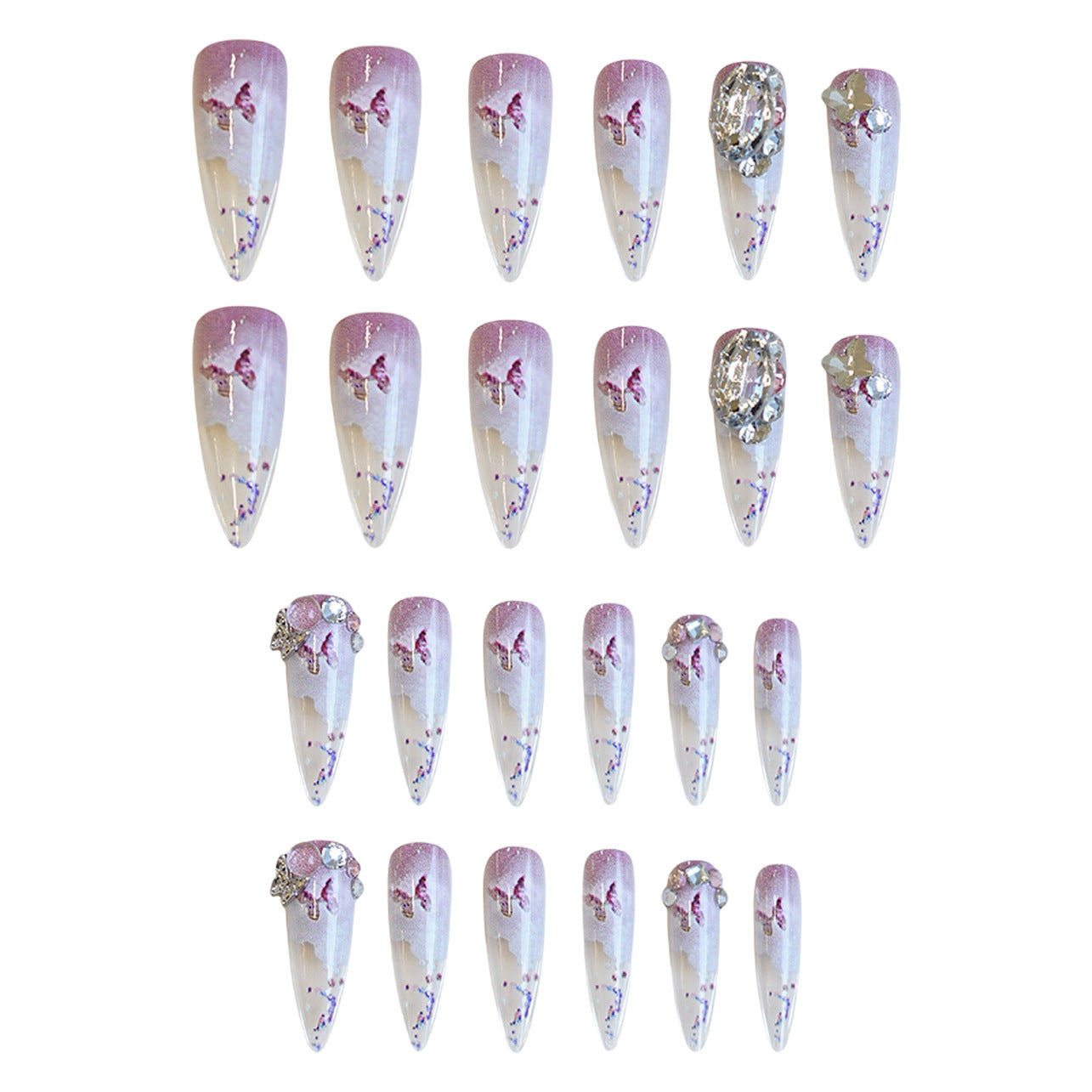 Enchanted Garden Long Stiletto Purple Ombre with Floral Accents and Sparkling Rhinestones Press On Nail Set