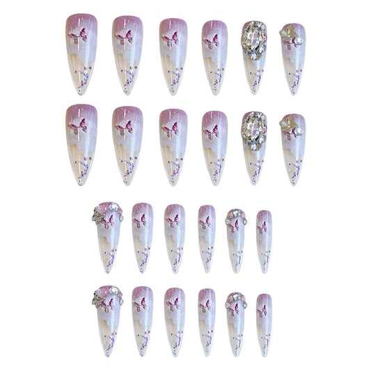 Enchanted Garden Long Stiletto Purple Ombre with Floral Accents and Sparkling Rhinestones Press On Nail Set