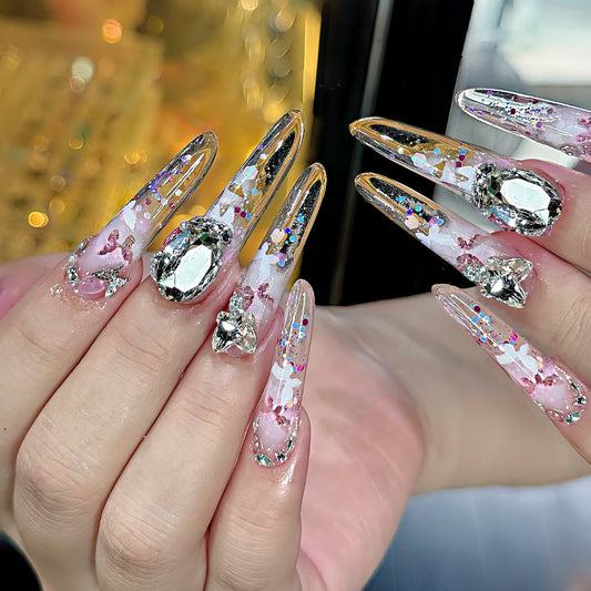 Mystical Elegance Long Stiletto Clear Pink with Gemstone Accents Press On Nail Set