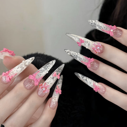 Whimsical Dream Long Stiletto Clear and Pink Floral Lace Press On Nail Set