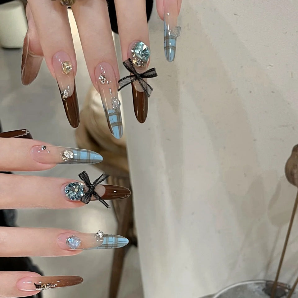 Elegant Whimsy Long Almond Brown and Blue Gradient with Sparkling Accents and Charming Bow Decor Press on Nail Set