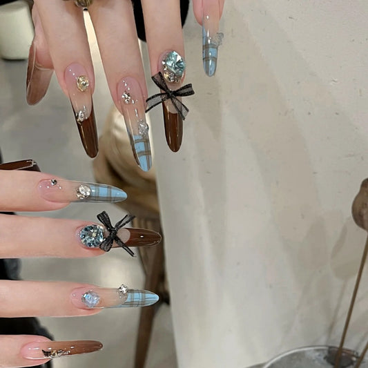 Elegant Whimsy Long Almond Brown and Blue Gradient with Sparkling Accents and Charming Bow Decor Press on Nail Set