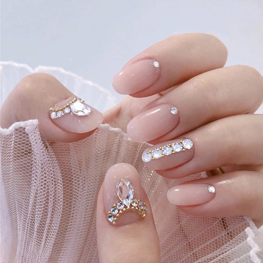 Elegant Bridal Collection Short Oval Beige Press On Nails with Rhinestone Accents and Charm Embellishments