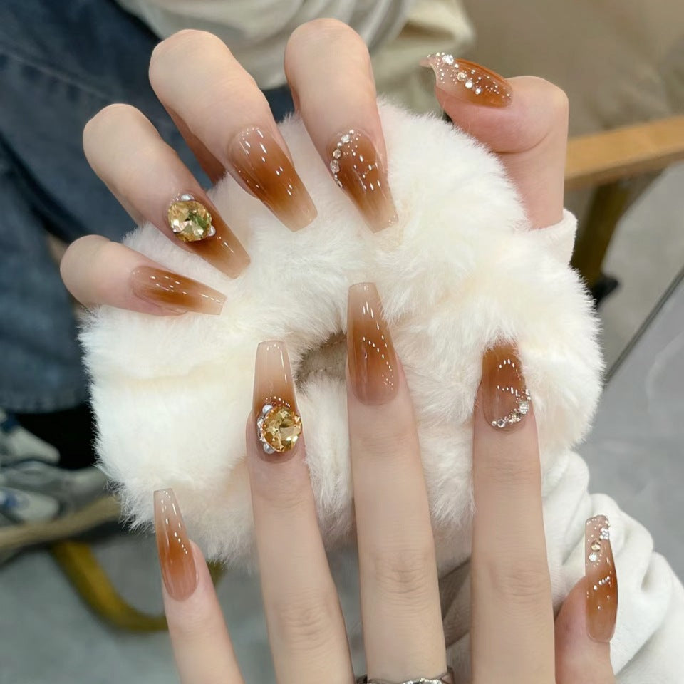 Celestial Glam Long Coffin Brown Ombre Press On Nail Set with Glitter and Gemstone Accents