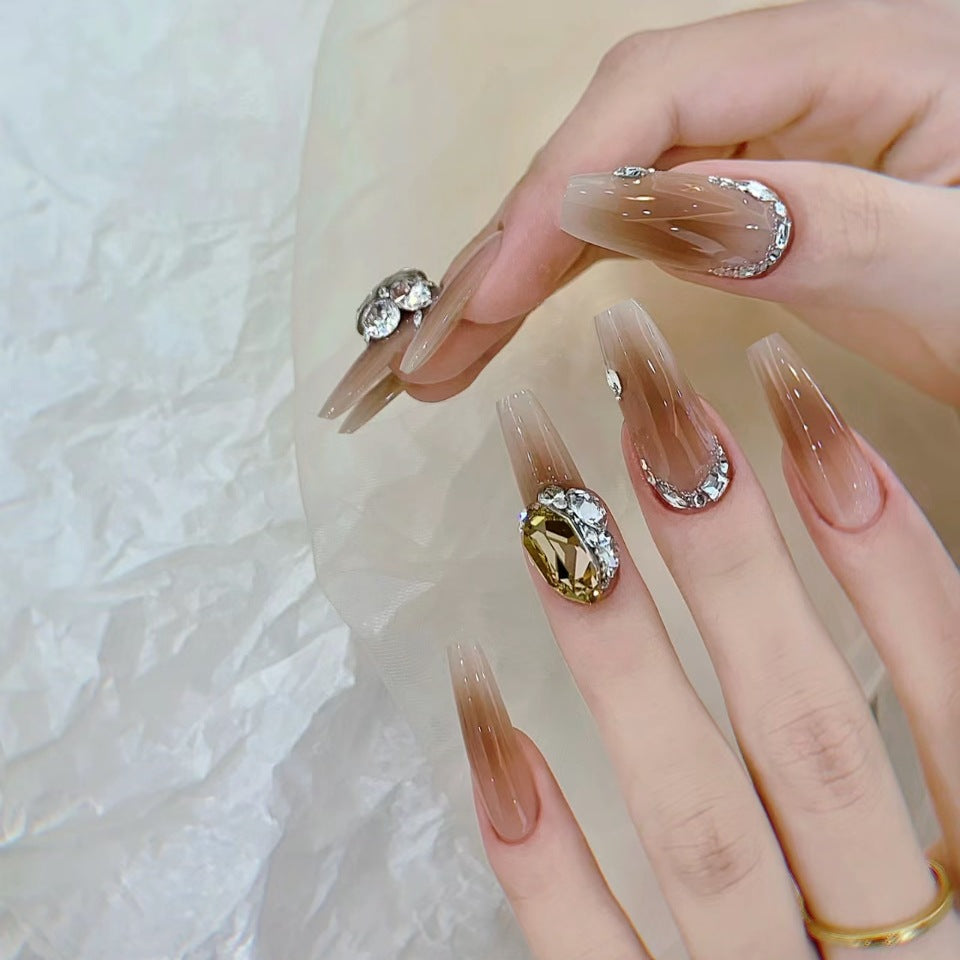 Elegant Glamour Extra Long Coffin Beige Press On Nail Set with Stunning Rhinestone Accents