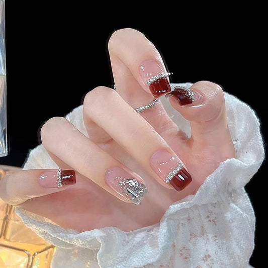 Elegant Evening Wear Medium Square Deep Red Press On Nail Set with Glitter Accents
