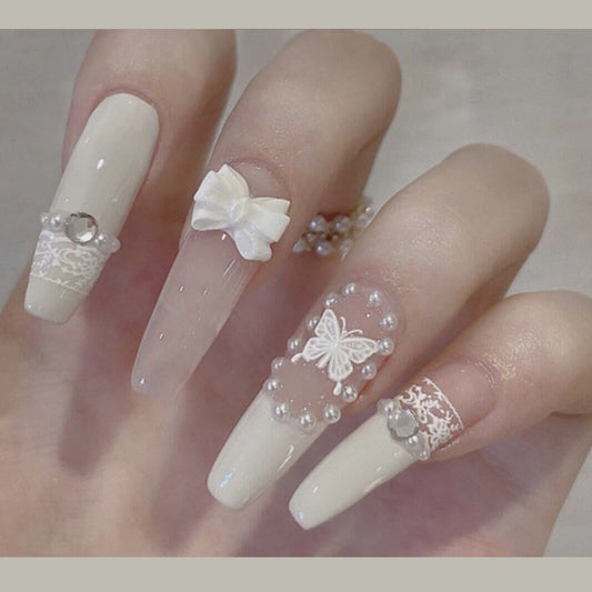 Bridal Elegance Long Coffin Ivory Press On Nails with Rhinestone Embellishments and Lace Accents