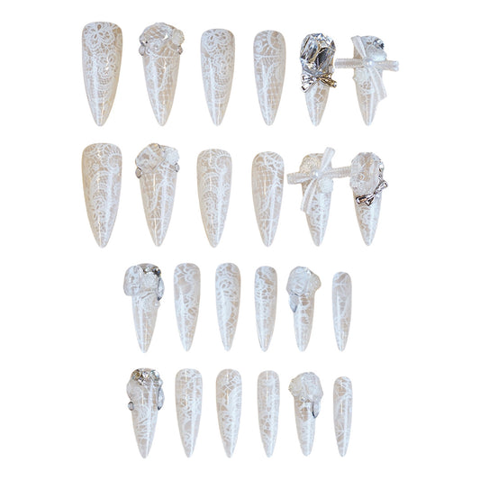 Enchanted Garden Long Stiletto Elegant White Press on Nail Set with Intricate Lace Design and Stunning Gem Accents