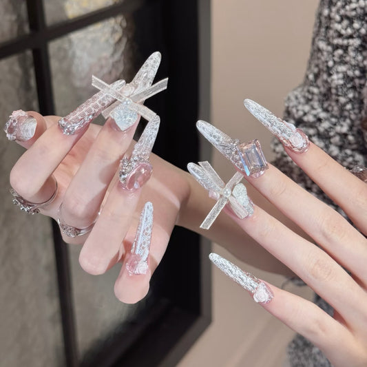 Glamorous Elegance Long Stiletto Crystal Clear Press On Nail Set with Stunning Embellishments