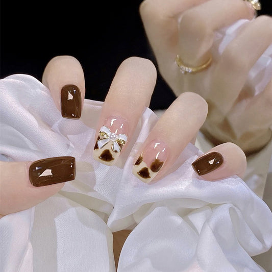 Elegant Affair Short Square Brown Press on Nails with Rhinestone Bow Accent and Leopard Print Design