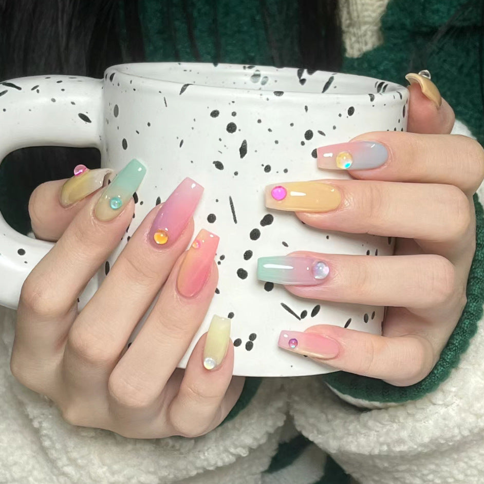 Whimsical Rainbow Ombre Long Square Press On Nail Set with Stunning Gem Accents