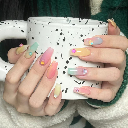 Whimsical Rainbow Ombre Long Square Press On Nail Set with Stunning Gem Accents