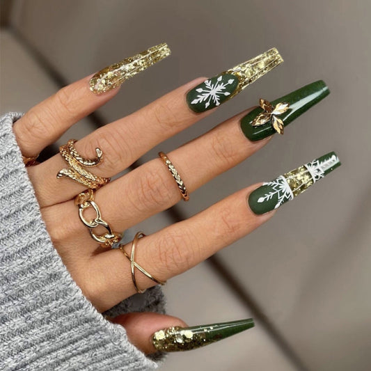 Enchanted Forest Long Coffin Green Press on Nail Set with Golden Flake Accents