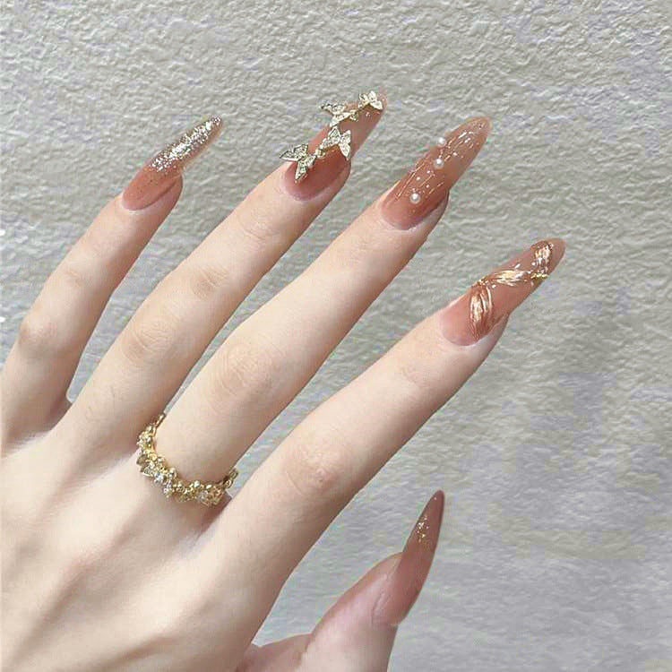 Elegant Soir≈Ωe Long Almond Beige Press On Nail Set with Gold Flakes Accent