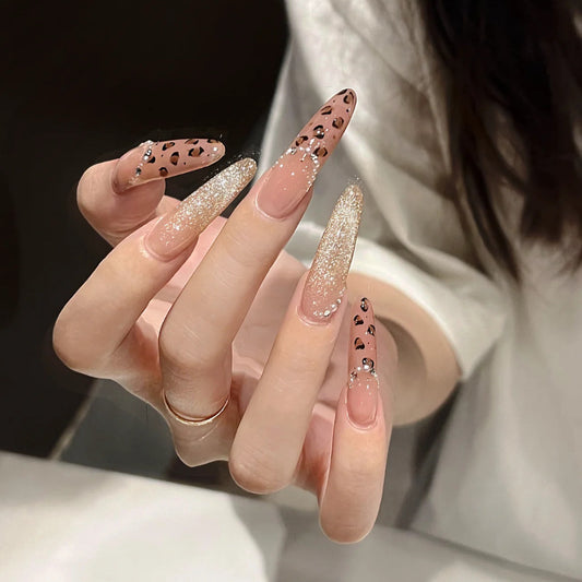 Wild Chic Glamour Long Stiletto Ombre Beige with Sparkling Glitter and Leopard Print Accent