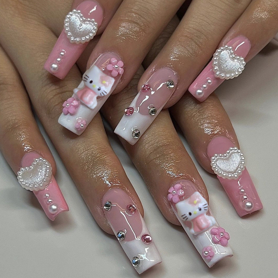 Kawaii Charm Long Coffin Pink Press On Nail Set With 3D Hello Kitty Accents And Rhinestone Embellishments