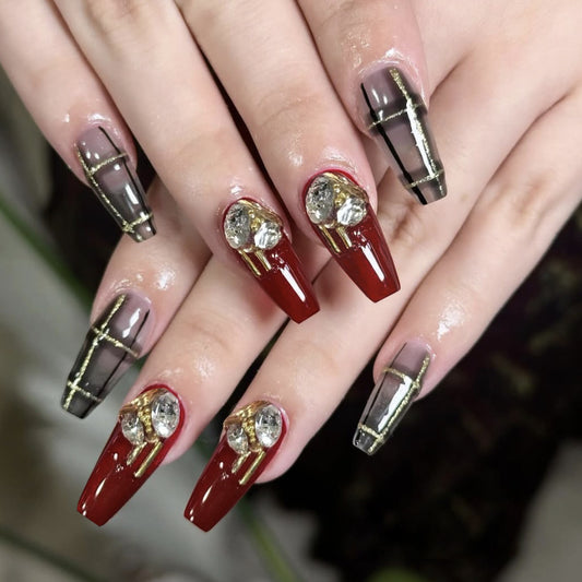 Glamorous Elegance Long Coffin Red and Gray Press On Nail Set with Sparkling Gem Accents