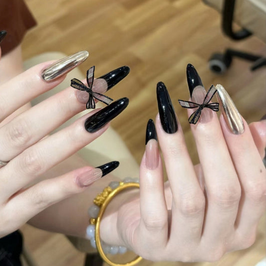 Enchanting Elegance Long Stiletto Black and Beige Gradient with Delicate Butterfly Accents Press On Nail Set