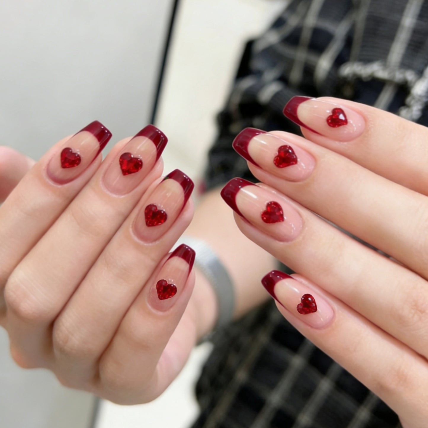 Romantic Elegance Medium Square Burgundy Nails with Heart Embellishments