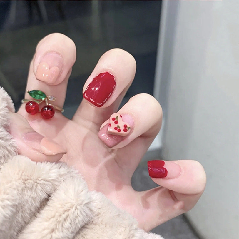 Cherry Blossom Festival Short Length Square Press On Nail Set in Pink and Red with Accent Heart Design