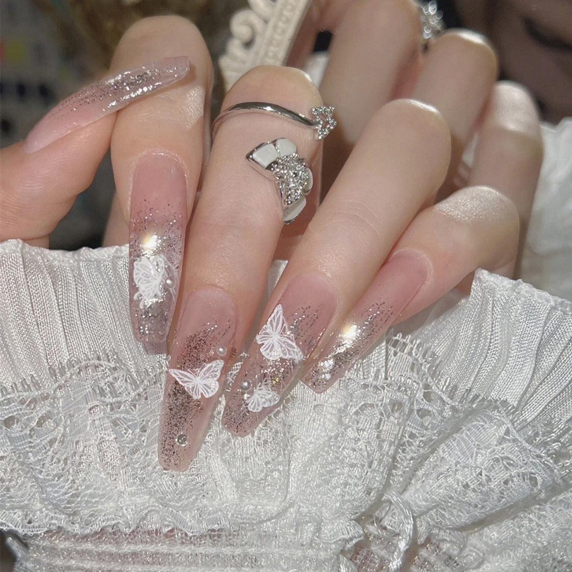 Butterfly Kisses Long Coffin Beige Glitter Press-On Nail Set with 3D Embellishments