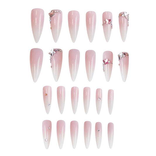 Glamorous Blossom Long Stiletto Ombre Pink Press On Nail Set with Sparkling Gems