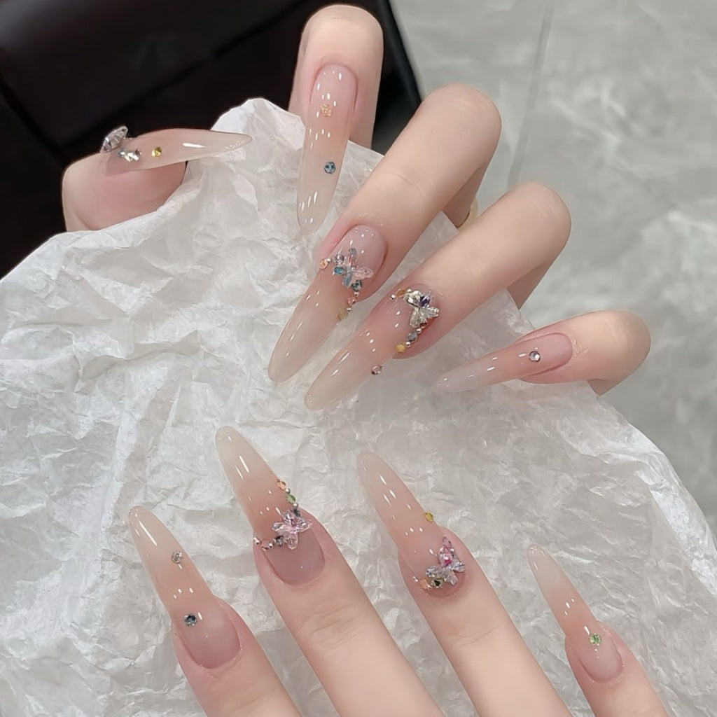 Glamorous Enchantment Long Stiletto Beige with Stunning Gemstone Accents Press On Nail Set