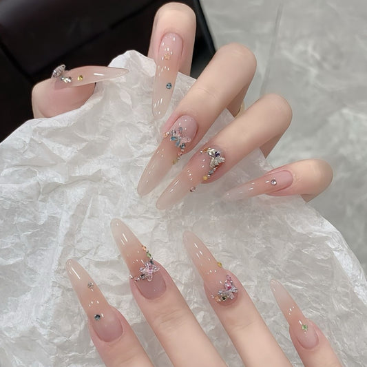 Glamorous Enchantment Long Stiletto Beige with Stunning Gemstone Accents Press On Nail Set