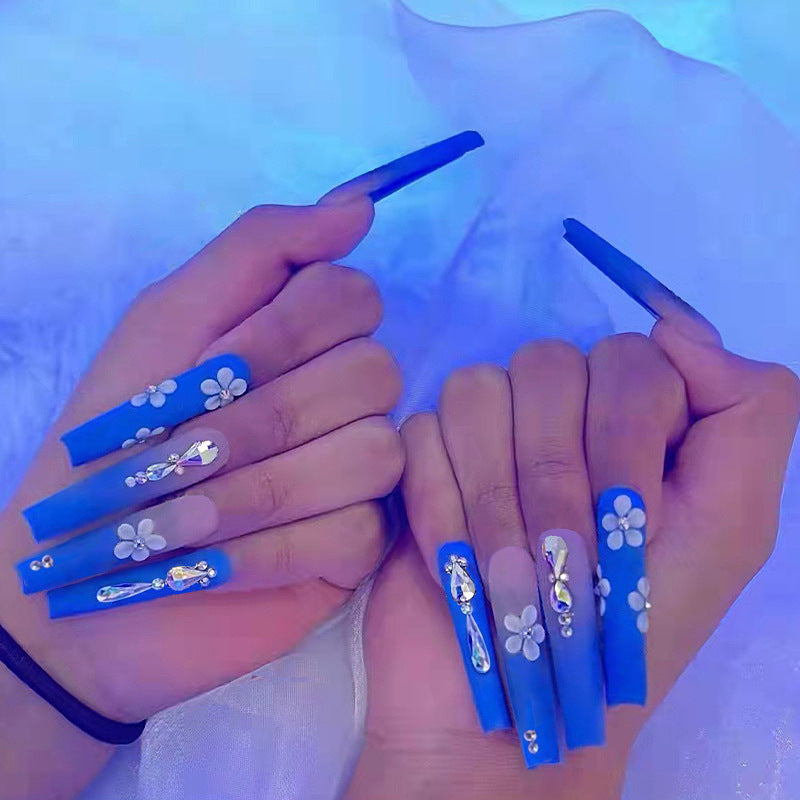 Enchanted Sapphire Long Coffin Blue Press On Nail Set with Floral Rhinestone Embellishments