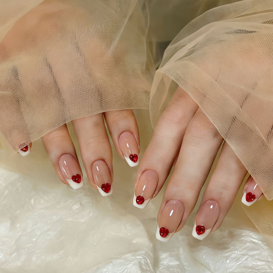Cherry Blossom Delight Press On Nail Set Elegant Medium Coffin Pink with White Tips and Charming Red Heart Accents