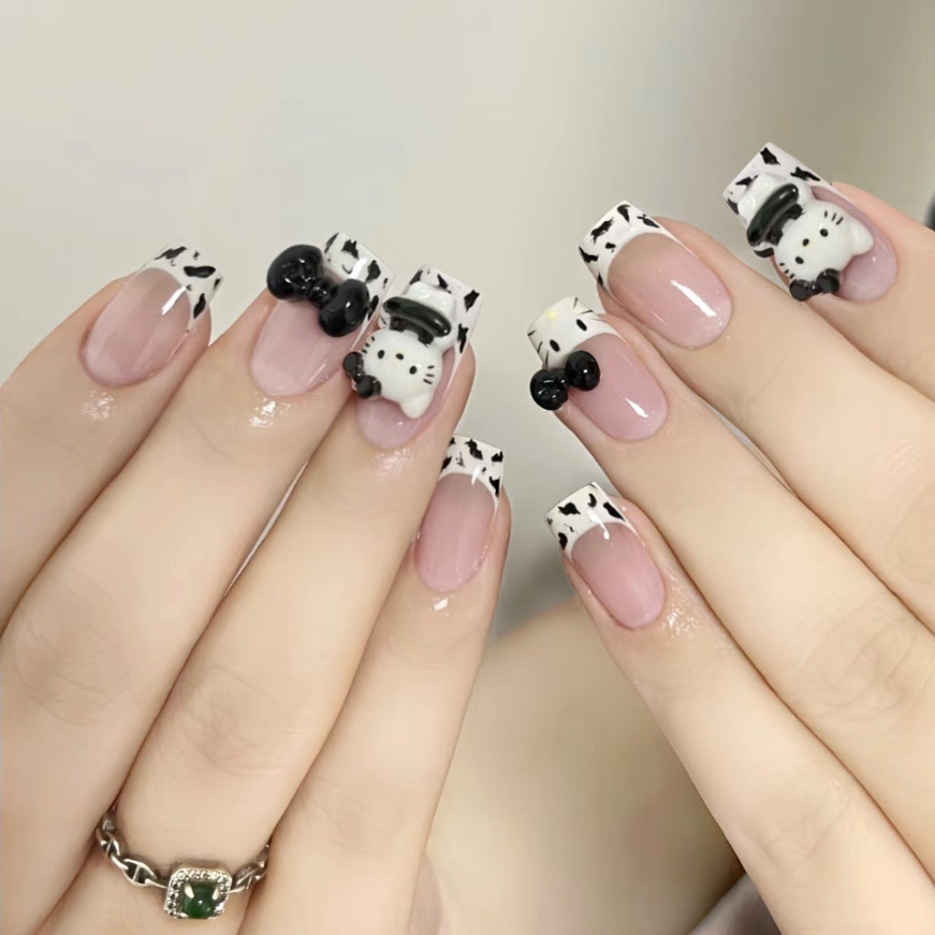 Chic Cow Print Short Square Nail Set with Cute Hello Kitty Design