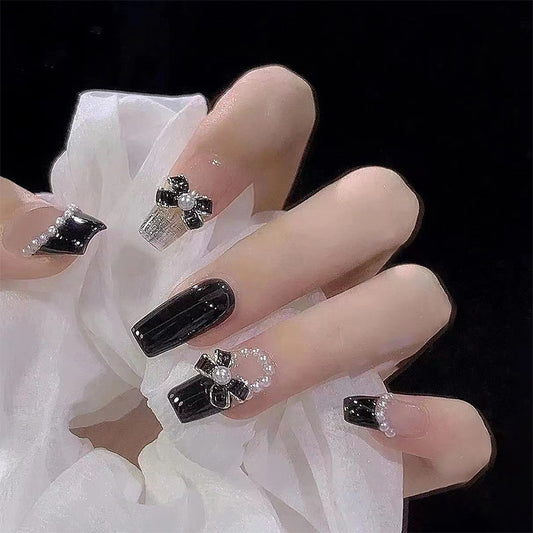 Gothic Glamour Long Coffin Black Press On Nails with Rhinestone Accents and 3D Bow Design
