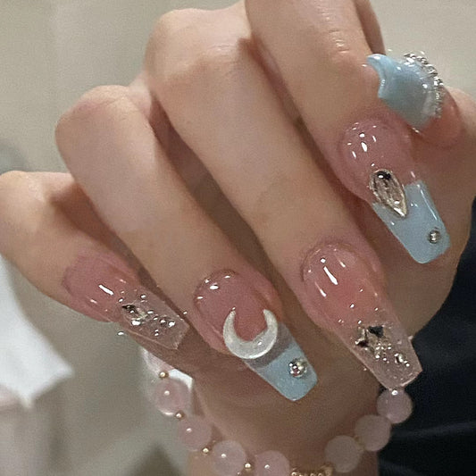 Celestial Charm Extra Long Coffin Pink and Blue Glitter Moon and Stars Press On Nail Set