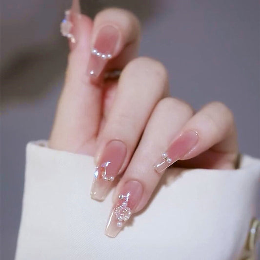 Elegant Bridal Long Coffin Beige Rhinestone Embellished Press On Nail Set