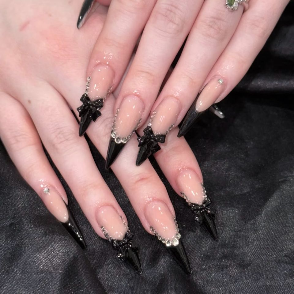 Gothic Elegance Long Almond Black Press On Nail Set with Stunning Bow and Gem Accents