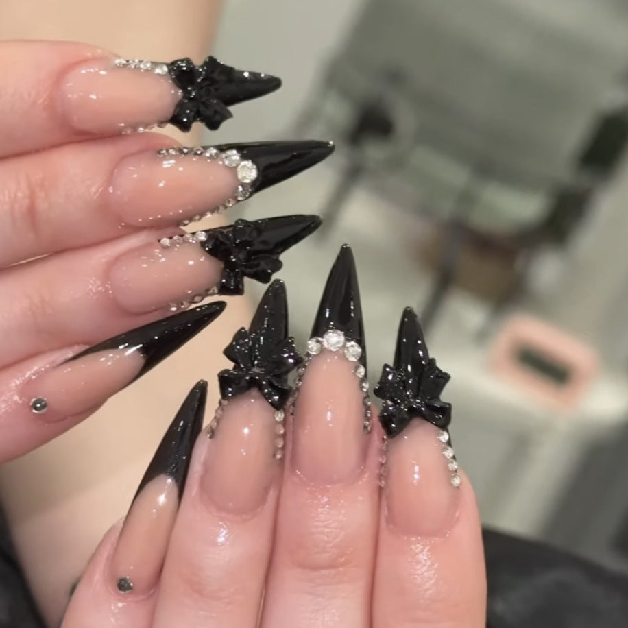 Mystical Glamour Long Almond Black Nail Set with Dazzling Rhinestone Accents