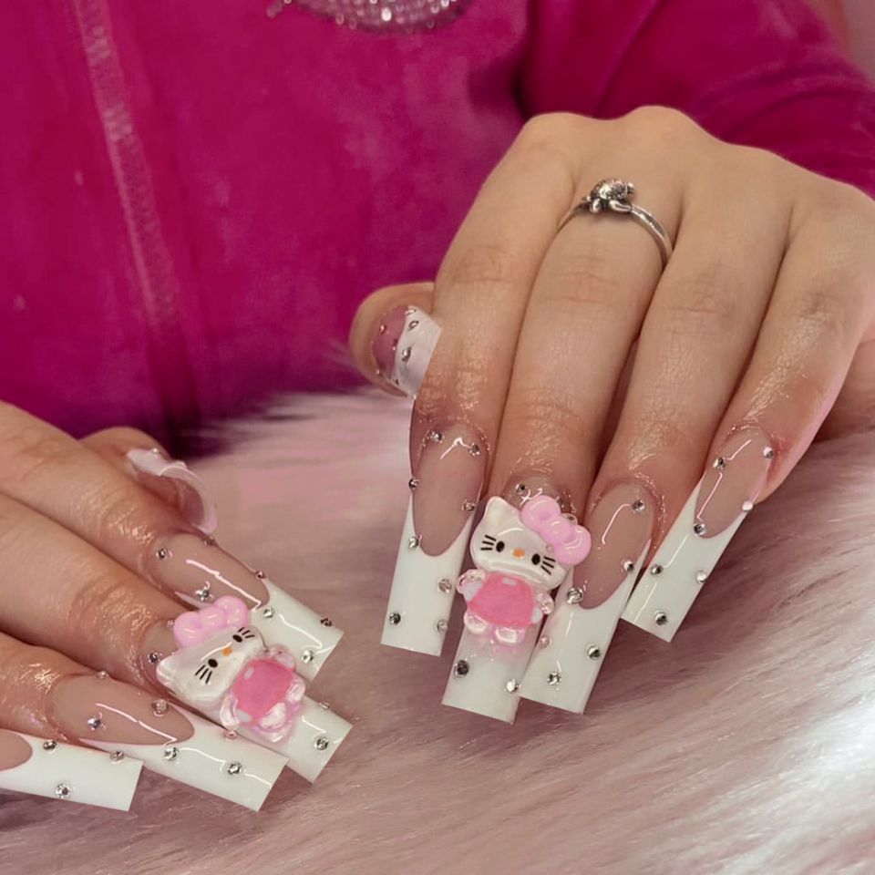 Kawaii Cartoon Inspired Long Coffin White Press On Nail Set With Rhinestone Embellishments And 3D Charms