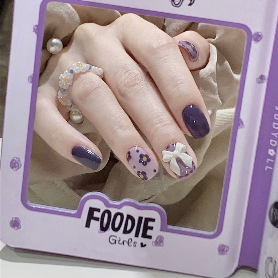Lavender Dreams Short Length Squoval Press On Nails with Purple Hues and 3D Flower Accents