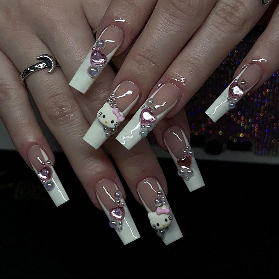 Kawaii Kitty Long Coffin White And Pink Press On Nail Set With Rhinestone Accents And Charms