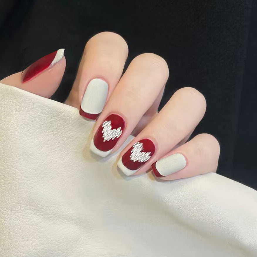 Romantic Affair Medium Coffin Burgundy and White Press On Nails with Sparkling Heart Accents