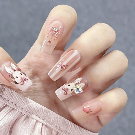 Enchanted Garden Long Coffin Pink Press On Nails with 3D Bunny and Floral Accents
