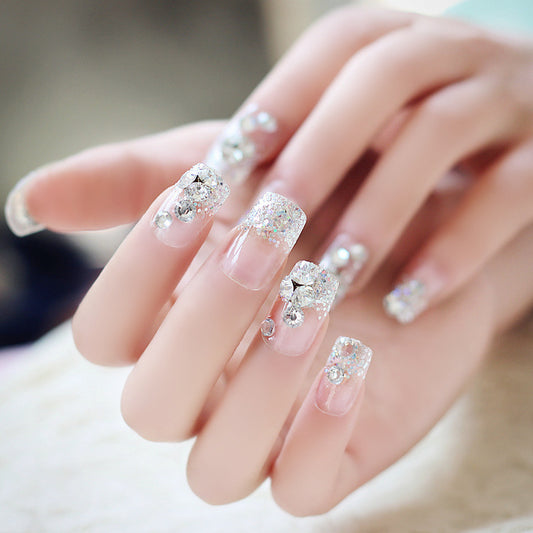 Bridal Elegance Long Square Clear Press On Nail Set with Glitter Accents and Rhinestone Embellishments