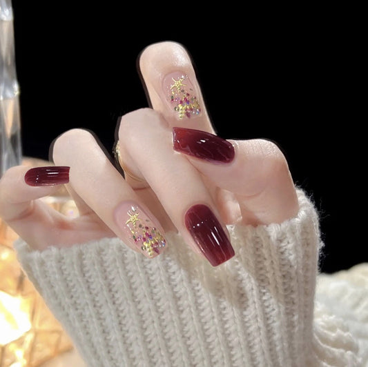 Autumn Elegance Long Square Burgundy Press On Nails with Gold Flakes Accent